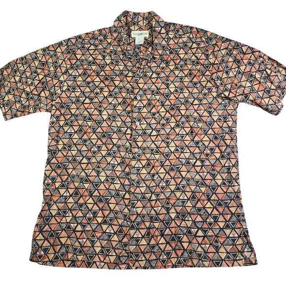 Vintage Y2K Travelsmith Hawaiian Button Shirt Mens Large Brown Black Cotton Lawn - Picture 1 of 7